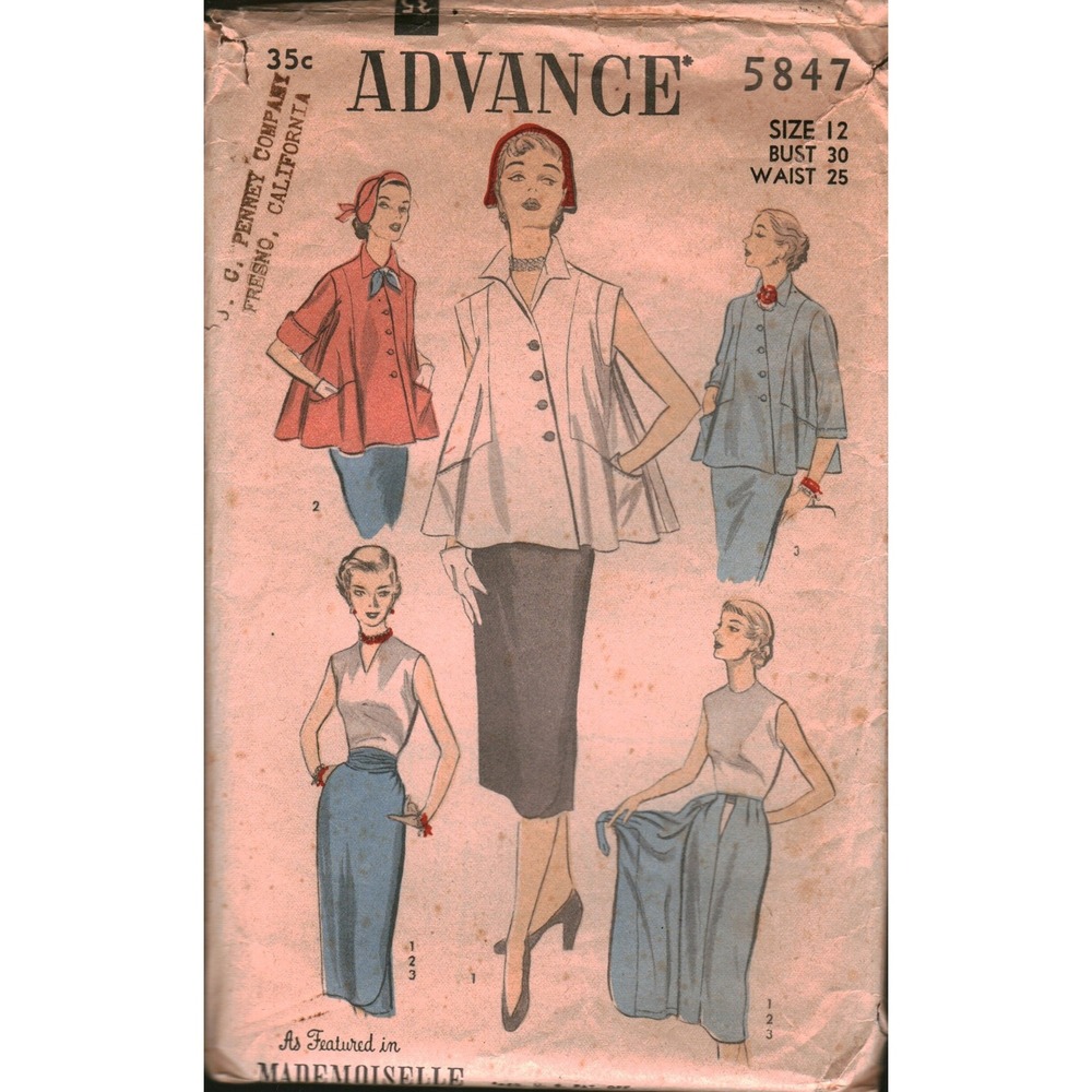 Vintage 1950s Advance 5847 Sewing Pattern Topper Jacket Slim Wrap Skirt Bust 30